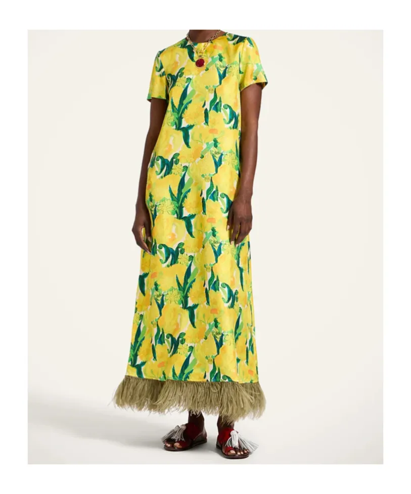 Swing Floral-Print Feather-Hem Maxi Dress