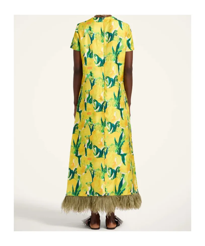 Swing Floral-Print Feather-Hem Maxi Dress