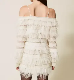 Off-Shoulder Feather-Detail Dress