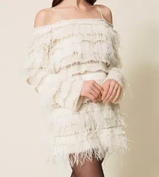Off-Shoulder Feather-Detail Dress