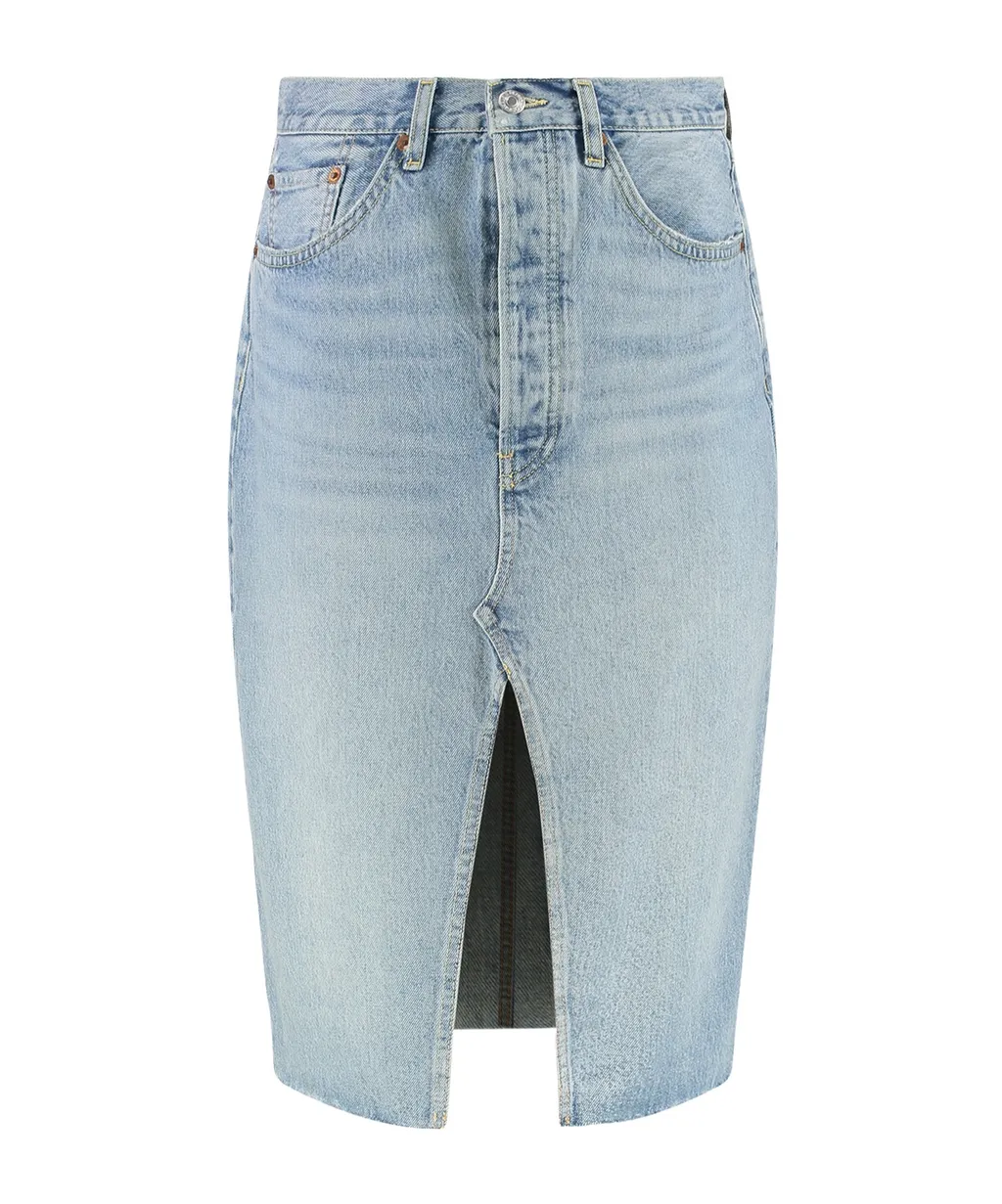 Re/Done Frayed Hem Denim Skirt