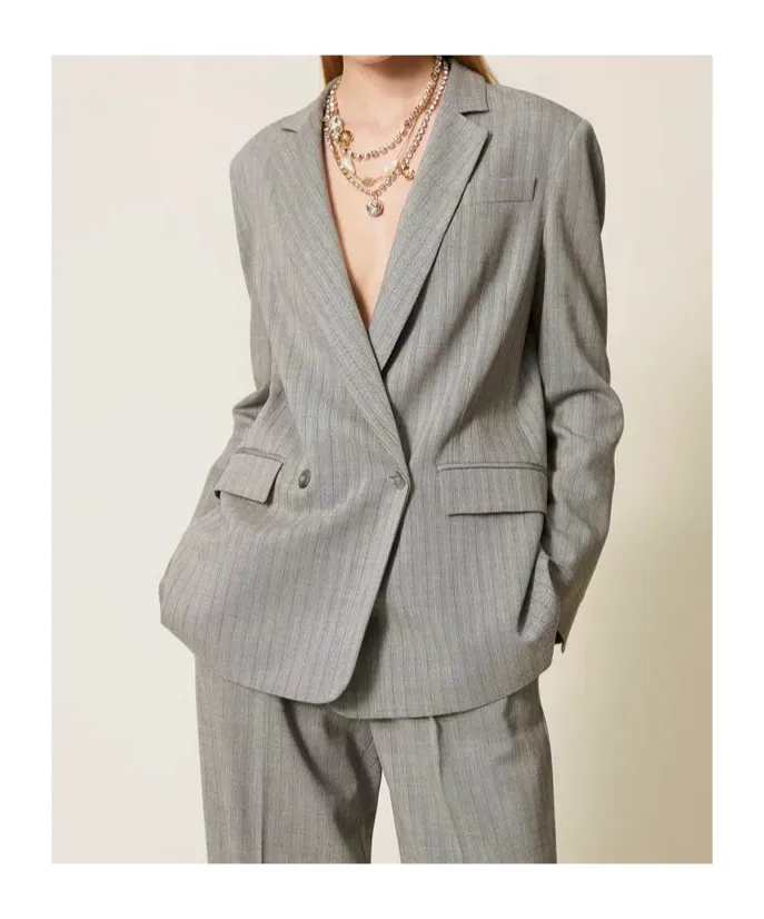Pinstriped Double-Breasted Blazer