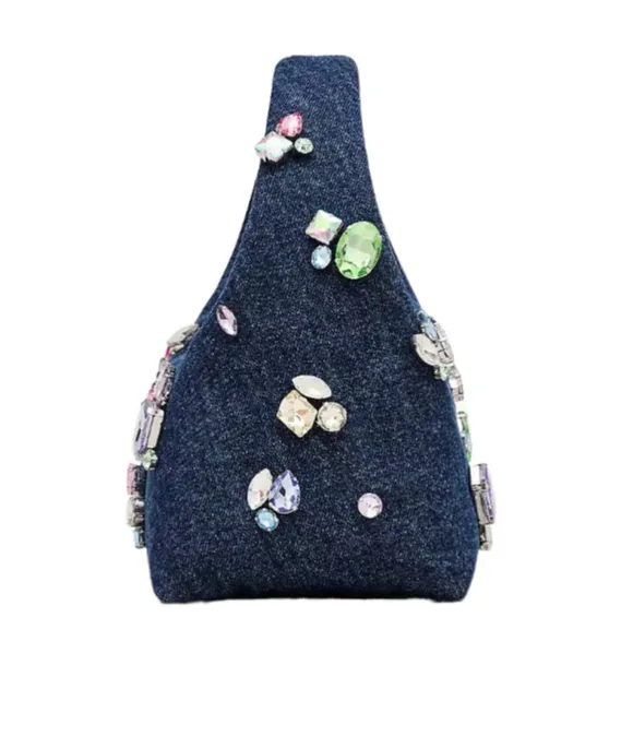 Crystal-Embellished Denim Shoulder Bag
