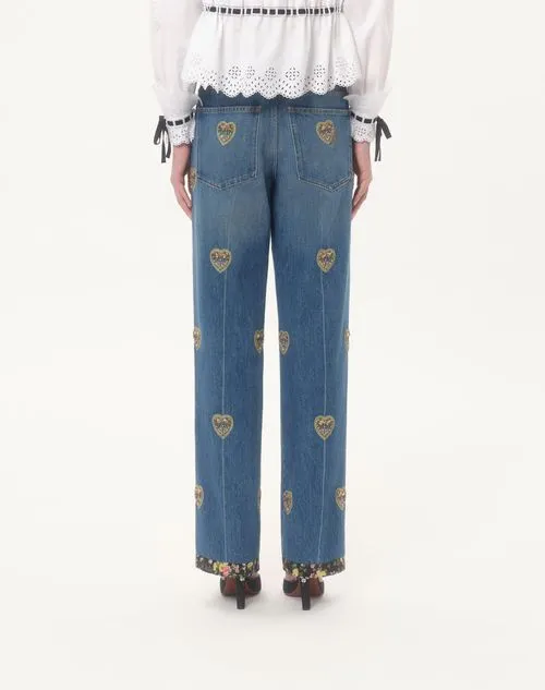 Valentino	Heart Embellished Wide Leg Jeans