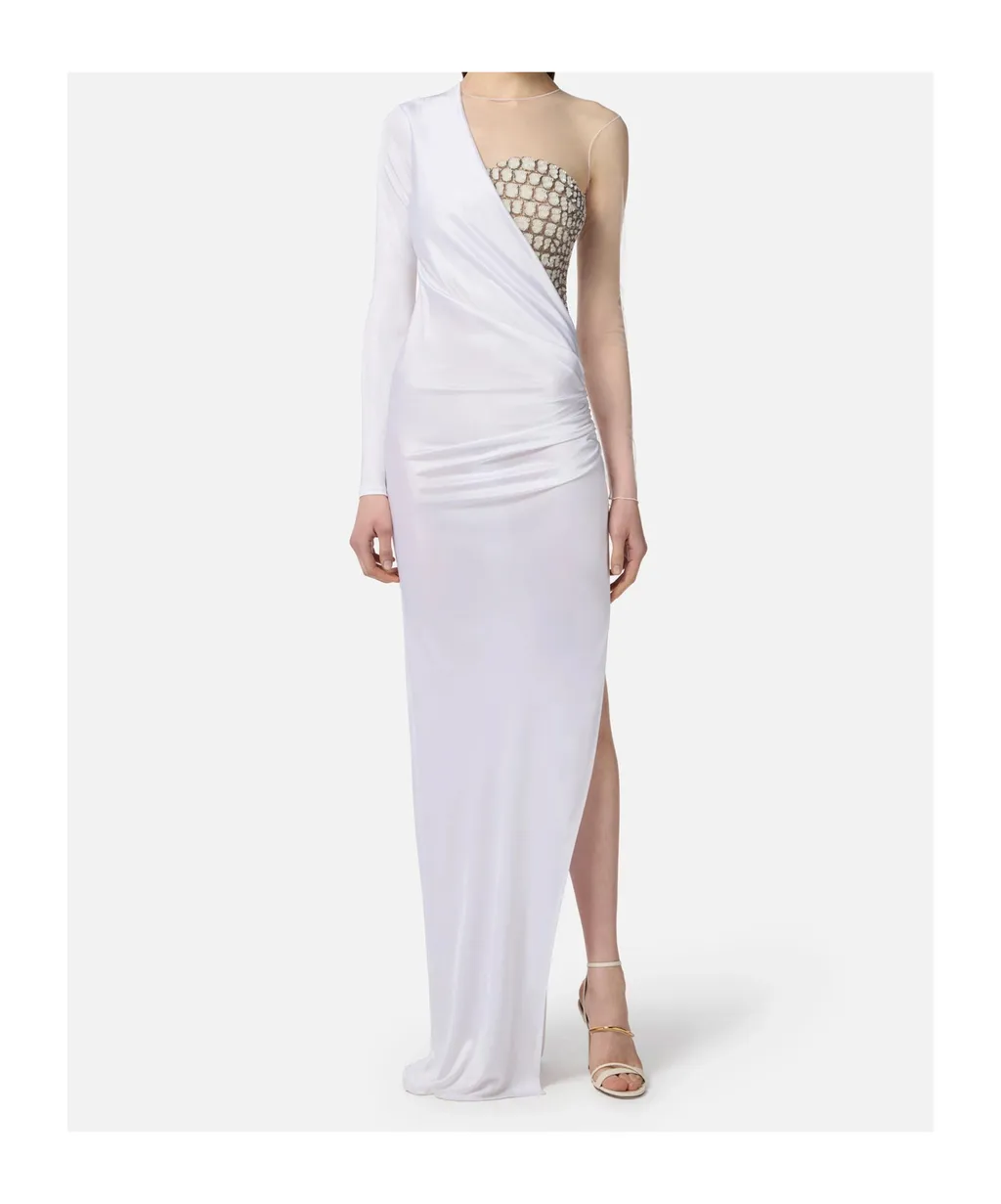 Tulle-Panel Crocodile-Effect Maxi Dress