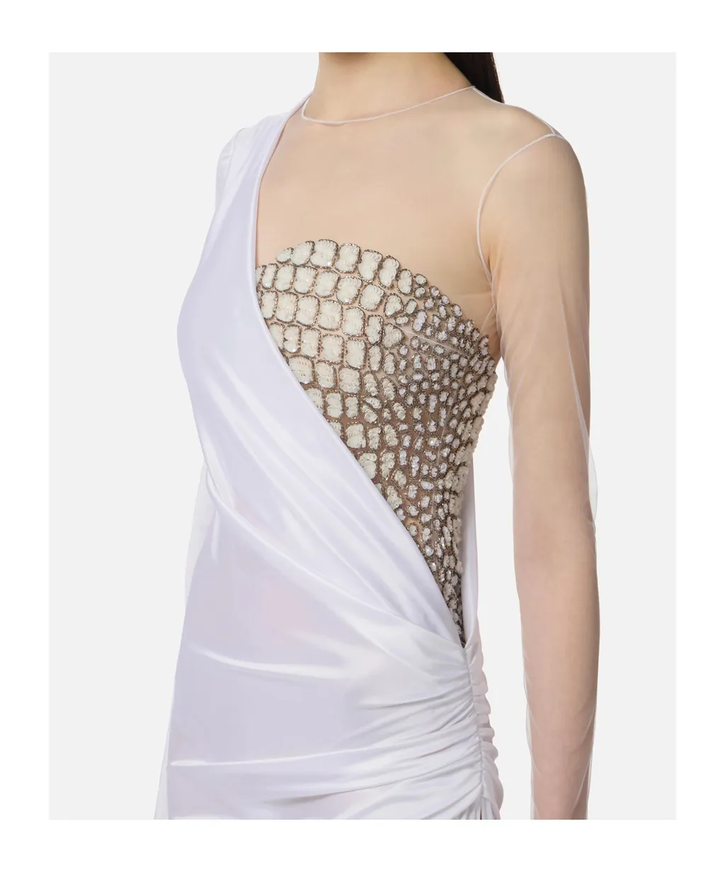 Tulle-Panel Crocodile-Effect Maxi Dress