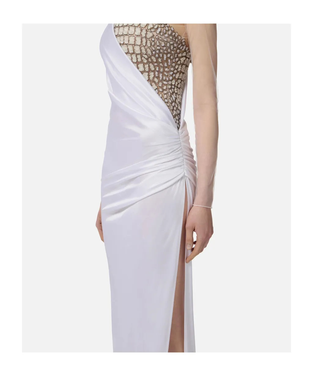 Tulle-Panel Crocodile-Effect Maxi Dress