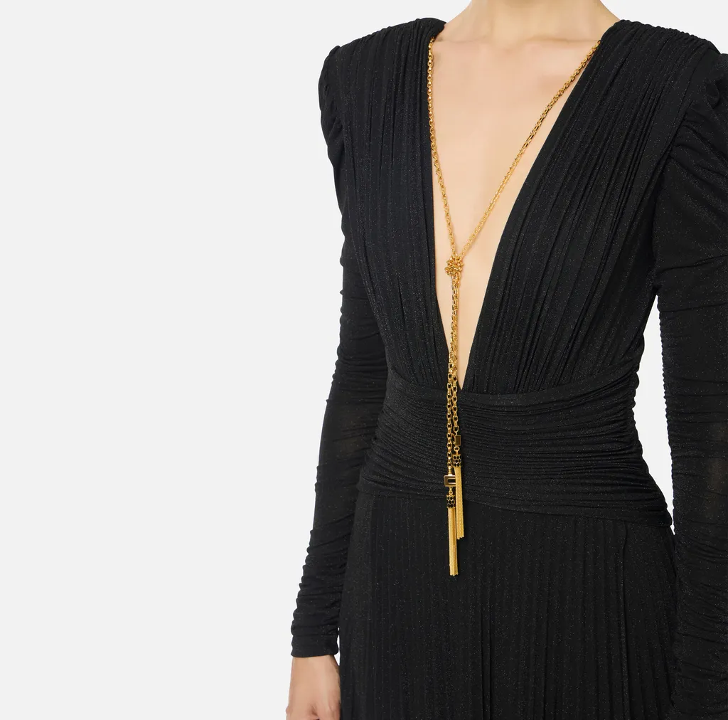 Pleated Chain-Embellished Long Dress
