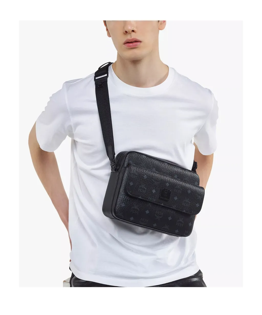 Mcm All-Over Logo Printed Zip-Up Messenger Bag
