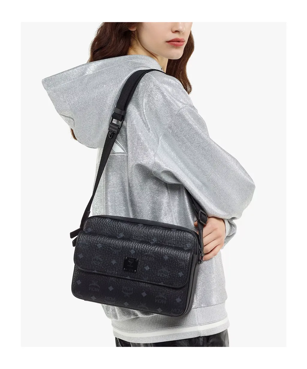 Mcm All-Over Logo Printed Zip-Up Messenger Bag