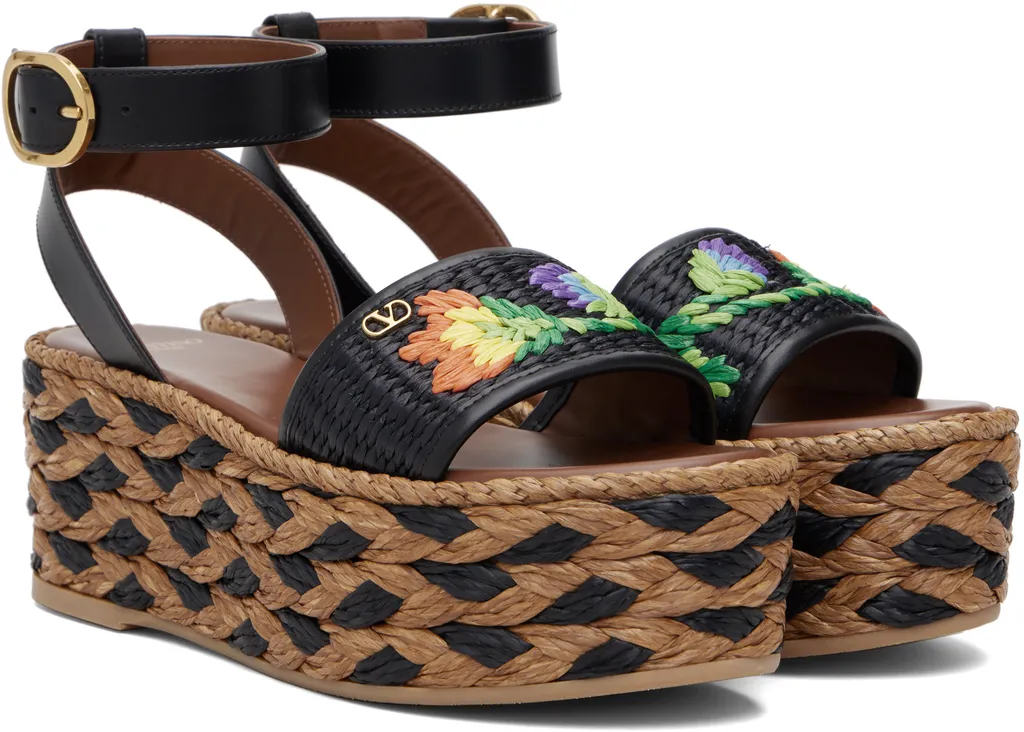 Polished Leather And Woven Faux Grass Platform Sandals