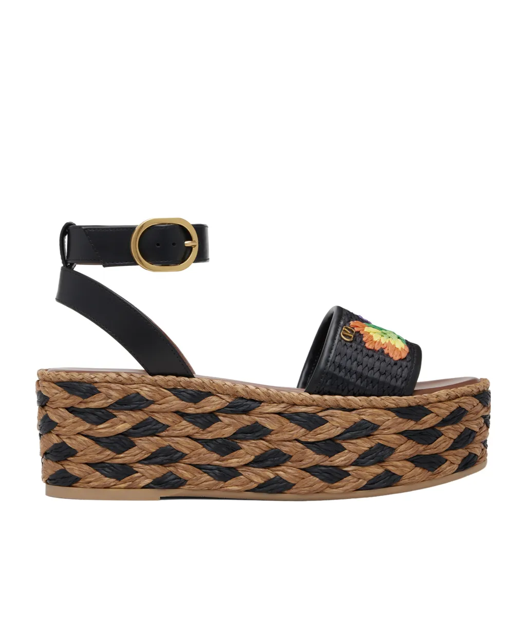 Polished Leather And Woven Faux Grass Platform Sandals