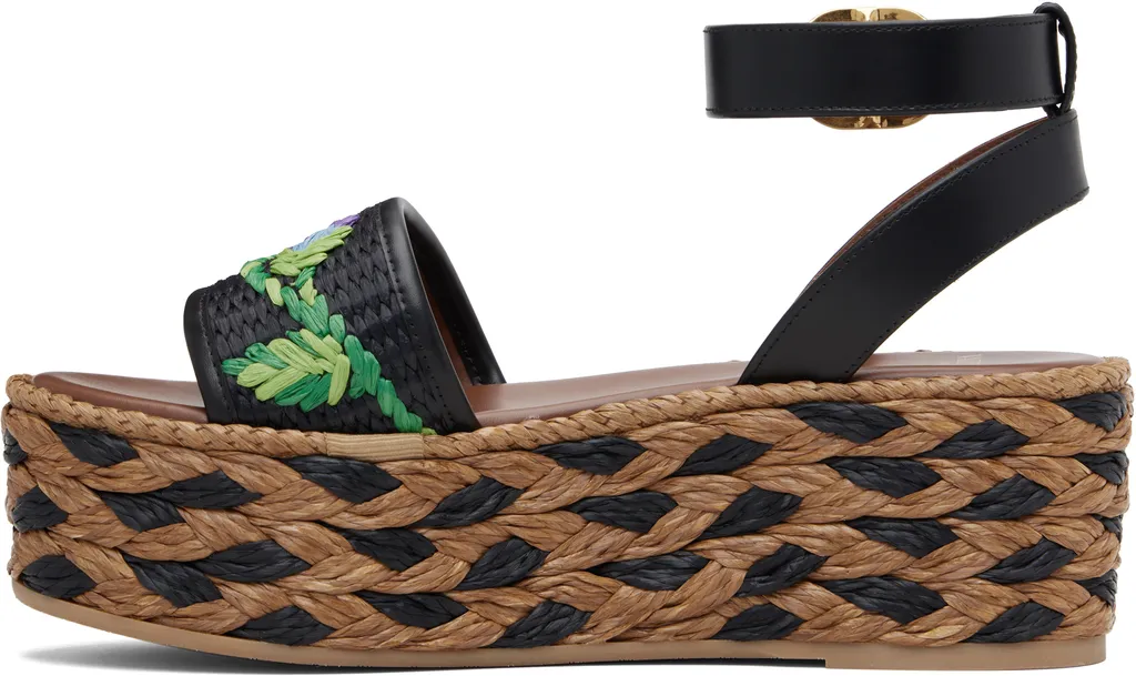 Polished Leather And Woven Faux Grass Platform Sandals