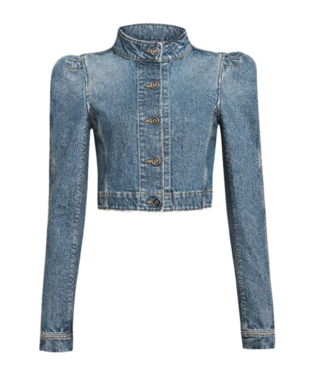 High-Neck Cropped Denim Jacket