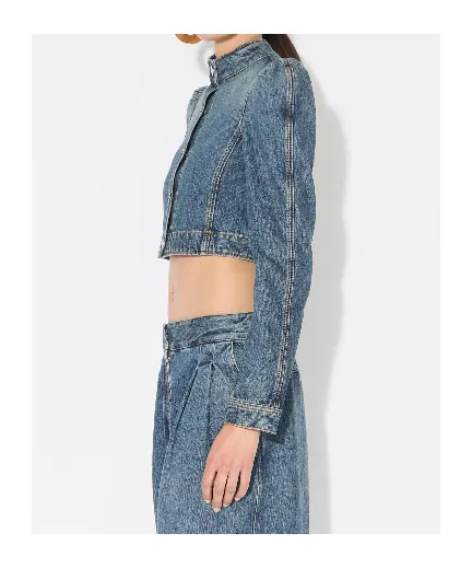 High-Neck Cropped Denim Jacket