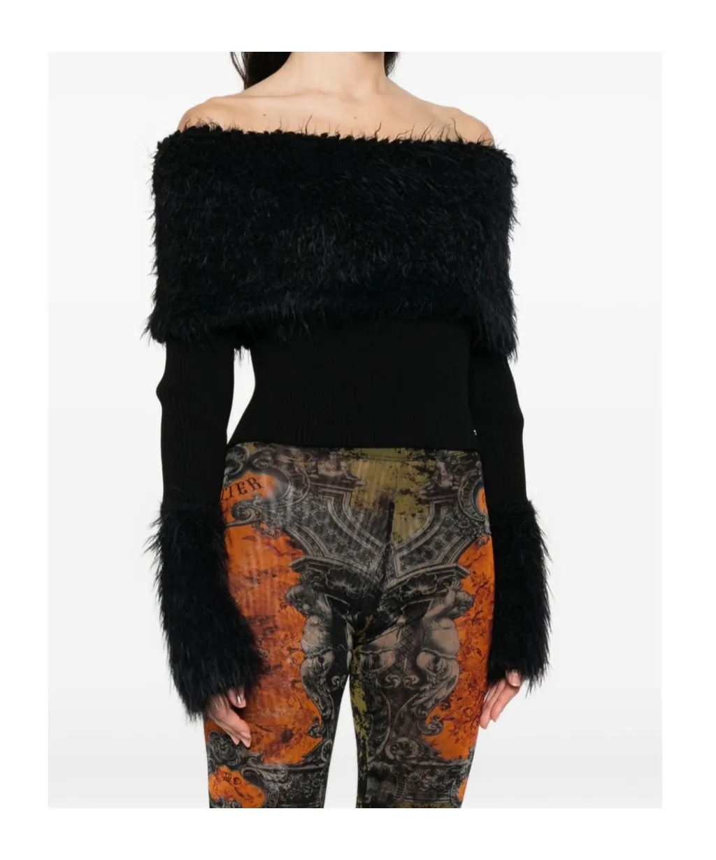 Ribbed Knit And Fuzzy Sweater Black