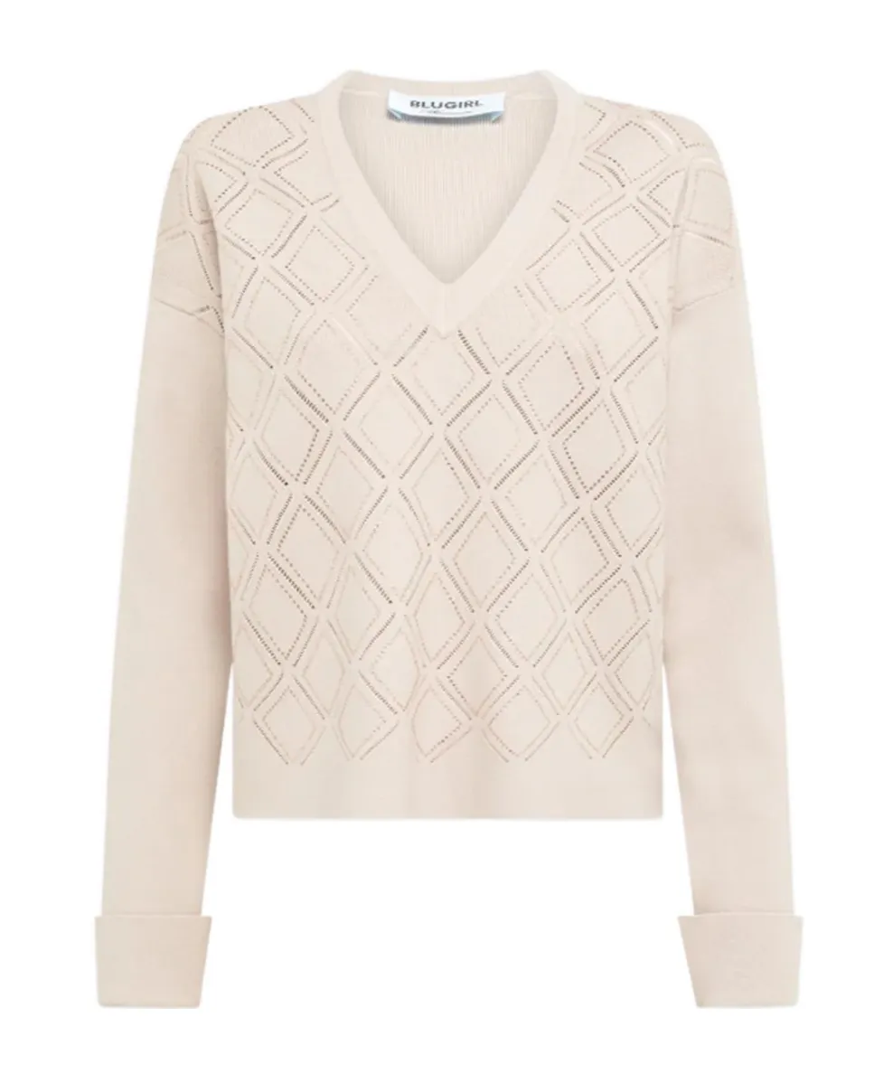 Water-Diamond-Patterned V-Neck Sweater