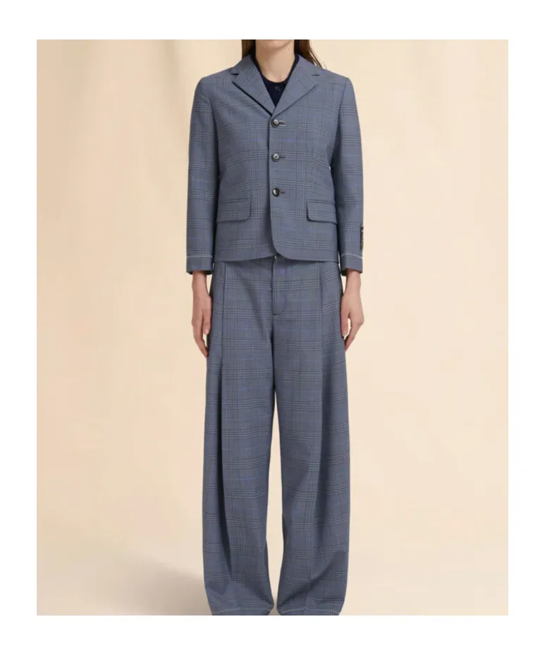 Blue Wool Cropped Jacket With Prince Of Wales Check