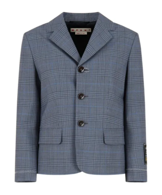 Blue Wool Cropped Jacket With Prince Of Wales Check