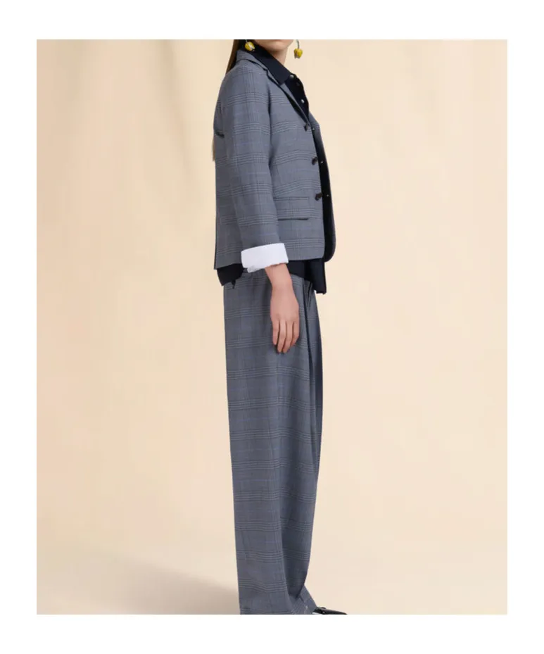 Blue Wool Cropped Jacket With Prince Of Wales Check