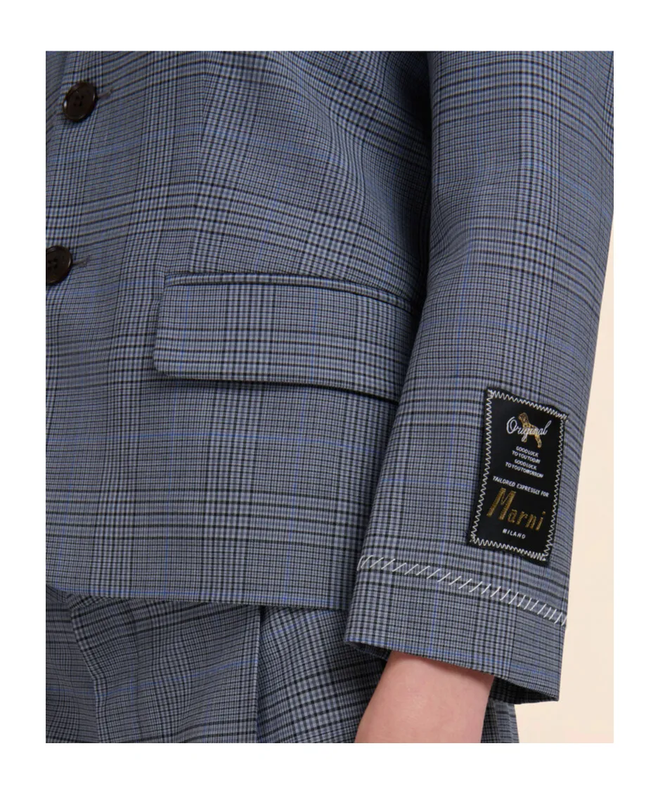 Blue Wool Cropped Jacket With Prince Of Wales Check