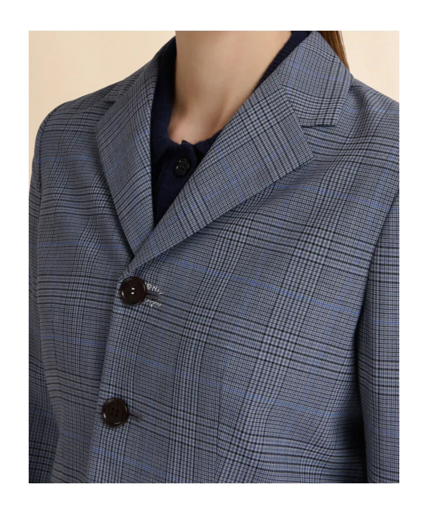 Blue Wool Cropped Jacket With Prince Of Wales Check