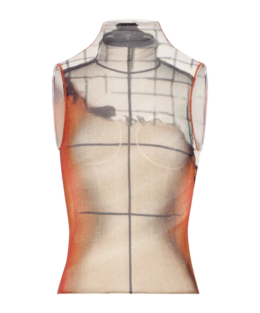 Mesh High Neck Twisted Tank Top Printed Fire
