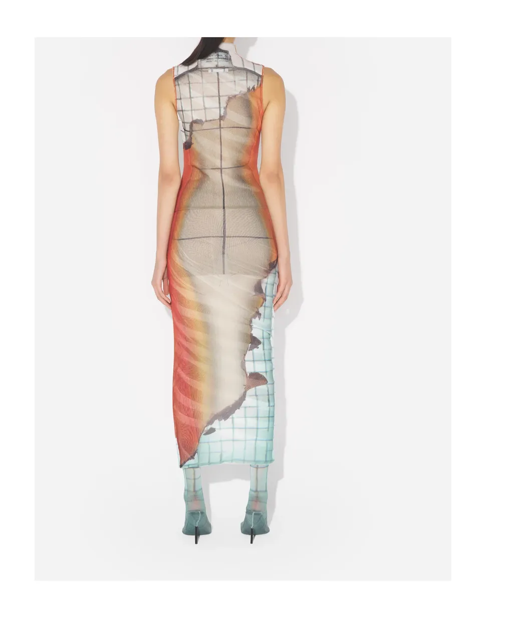Mesh High Neck Twisted Tank Top Printed Fire
