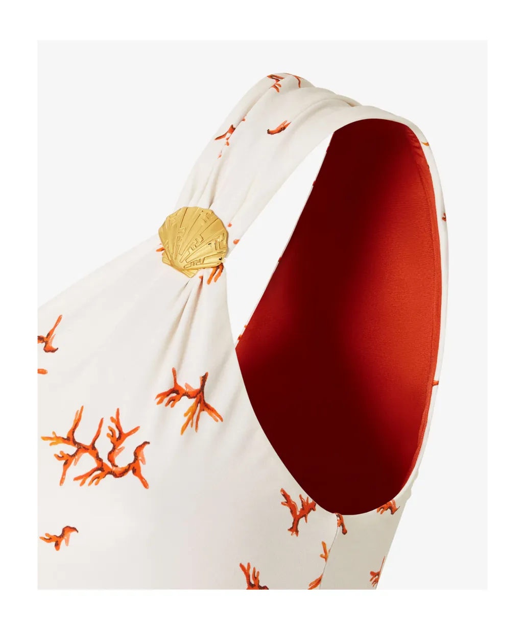 Fendi Coral Printed One-Shoulder Swimsuit