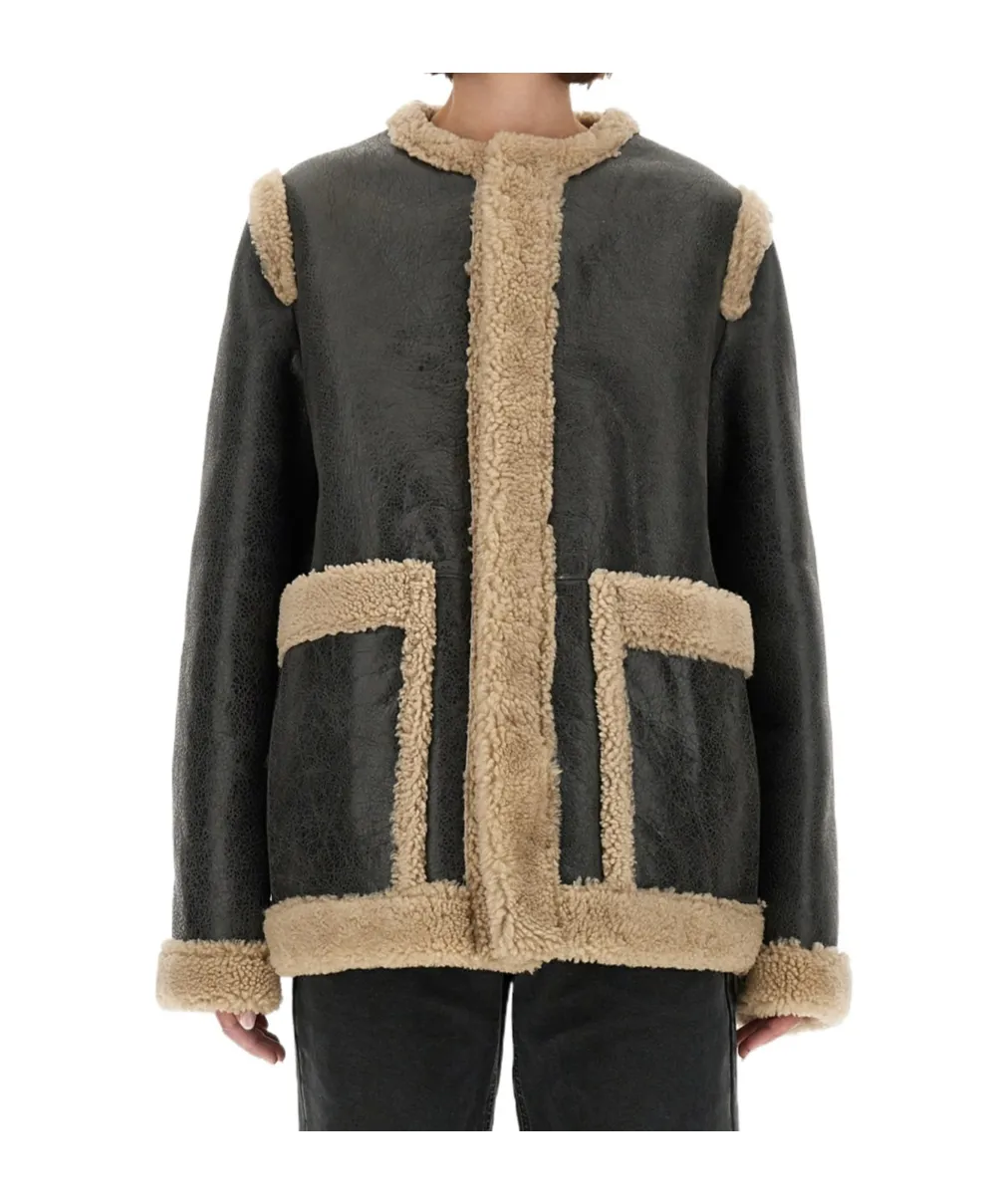 Mm6 Maison Margiela Leather Shearling-Panels Crewneck Jacket