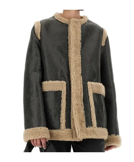 Mm6 Maison Margiela Leather Shearling-Panels Crewneck Jacket