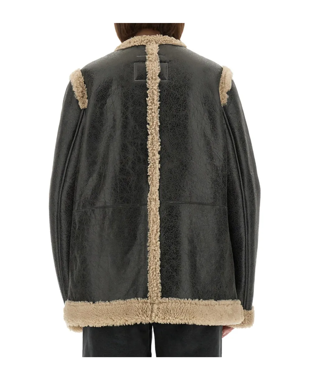 Mm6 Maison Margiela Leather Shearling-Panels Crewneck Jacket