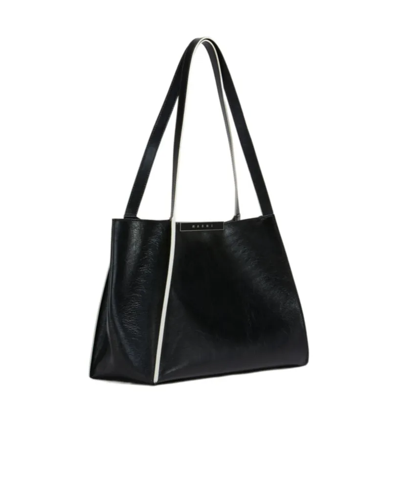 Black Leather Cresta E/W Small Tote Bag