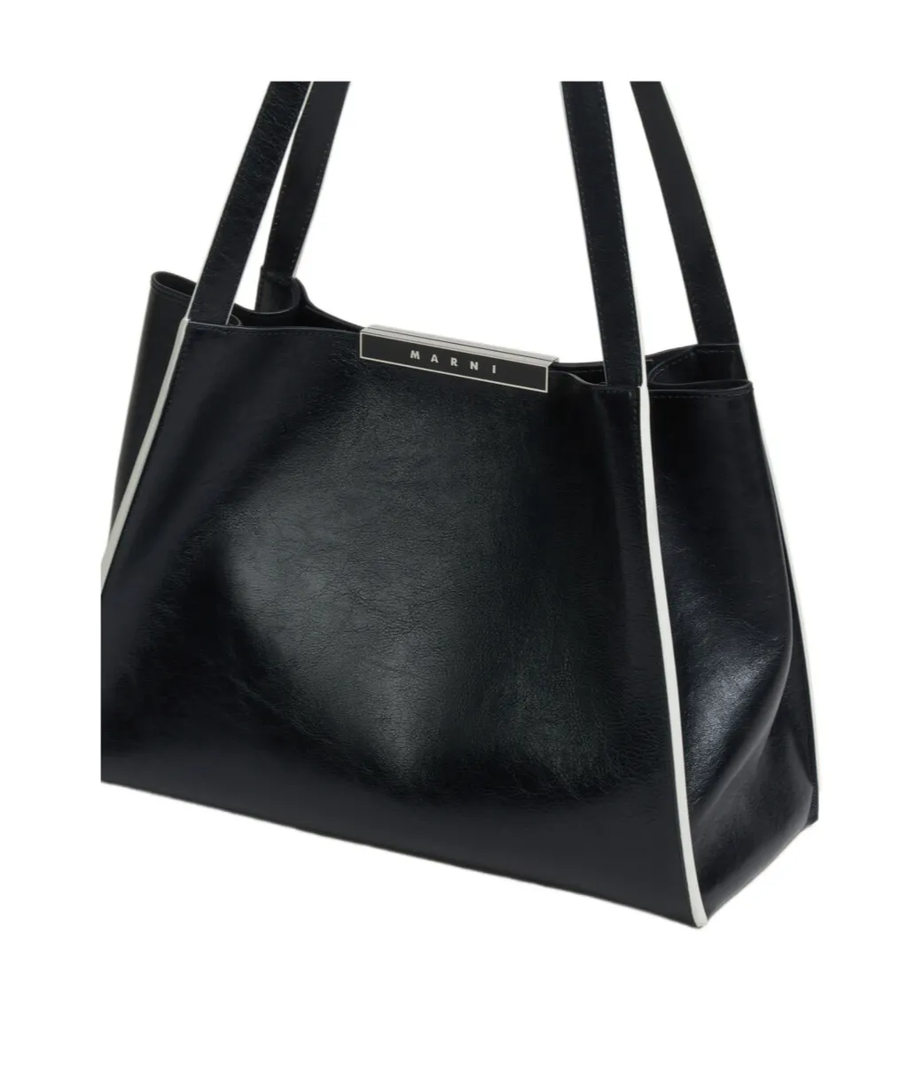 Black Leather Cresta E/W Small Tote Bag