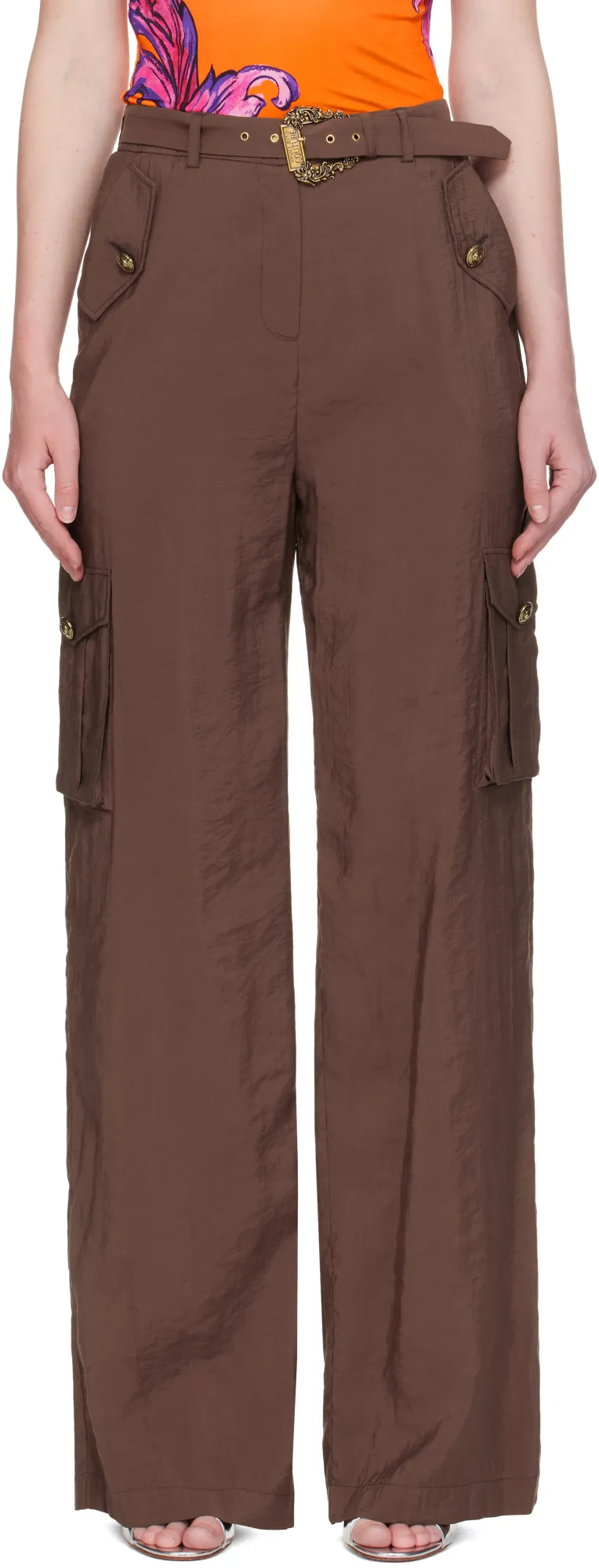 Versace Jeans Couture Crinkled-Finish Belted Cargo Pants