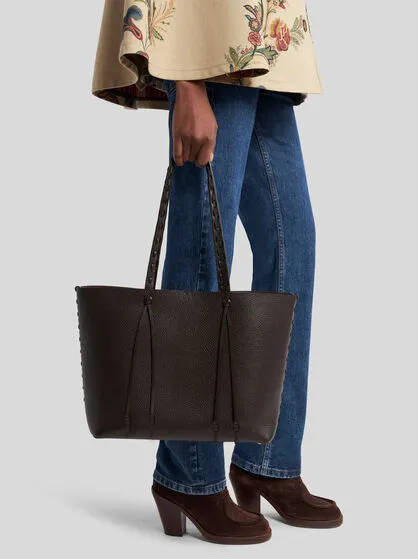 Etro Essential Medium Leather Tote Bag With Threading