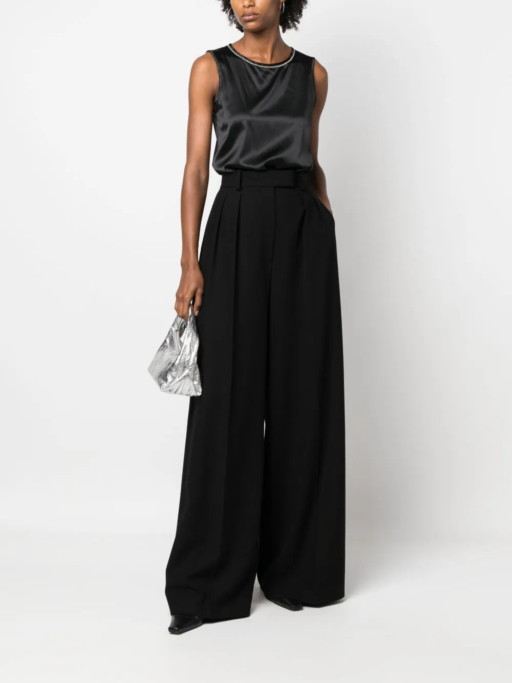 Beaded-Trim Sleeveless Silk Satin Top