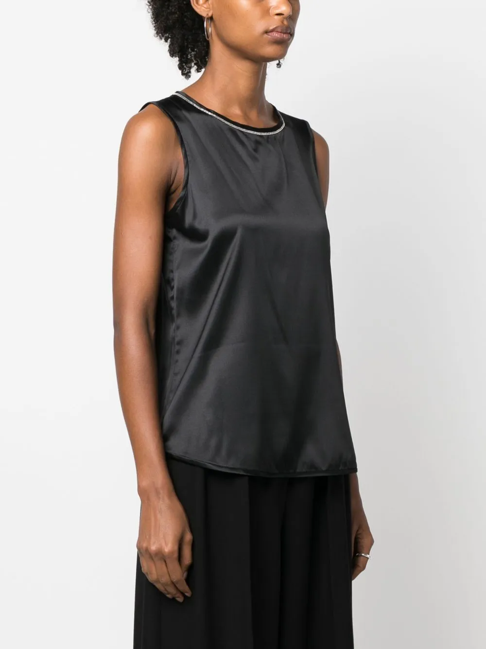 Beaded-Trim Sleeveless Silk Satin Top
