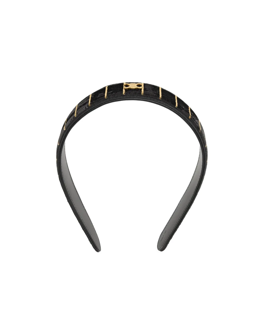 Celine Striped Sequins Headband In Calfskin, Polyester And Brass With Gold Finish