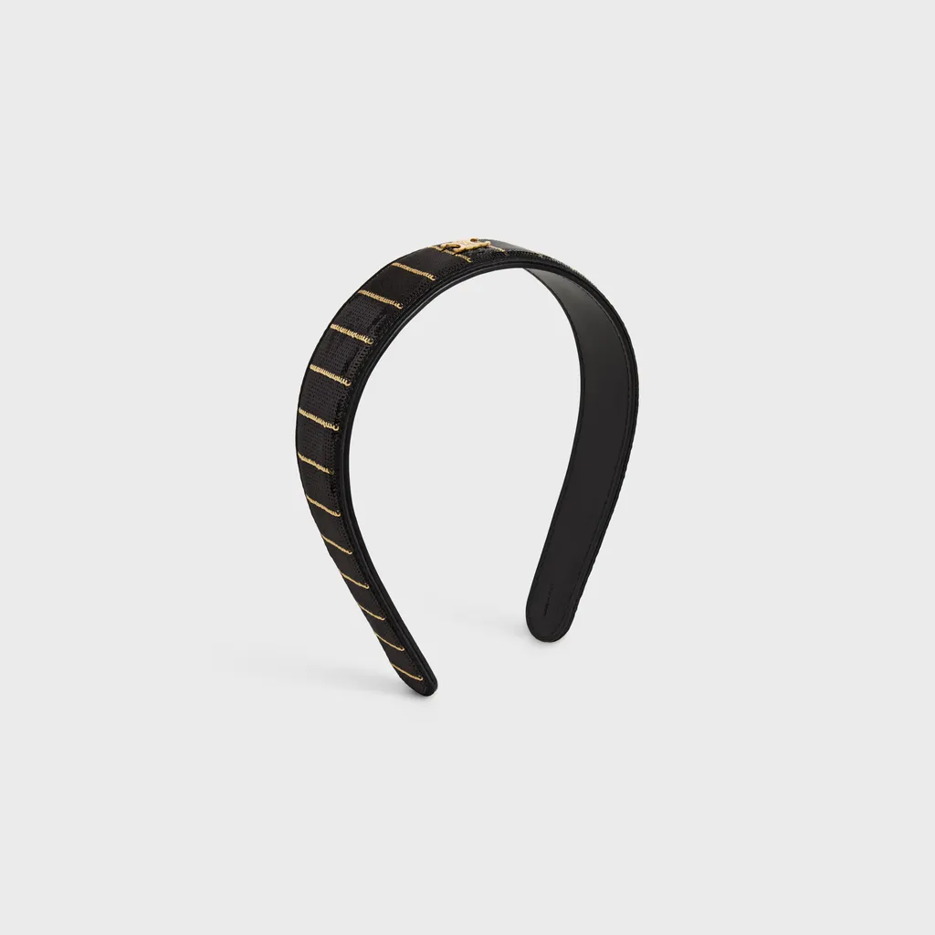 Celine Striped Sequins Headband In Calfskin, Polyester And Brass With Gold Finish
