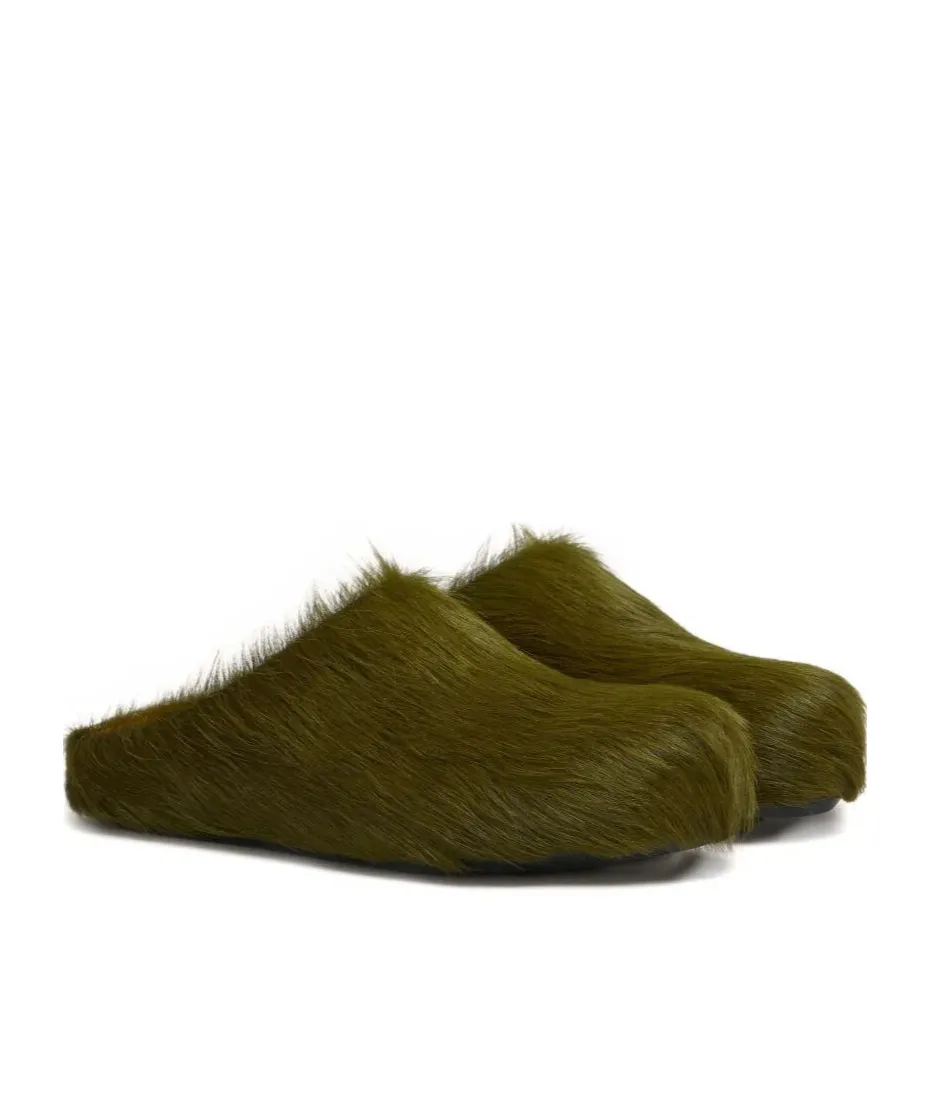 Deep Green Long Hair Calfskin Fussbett Sabot