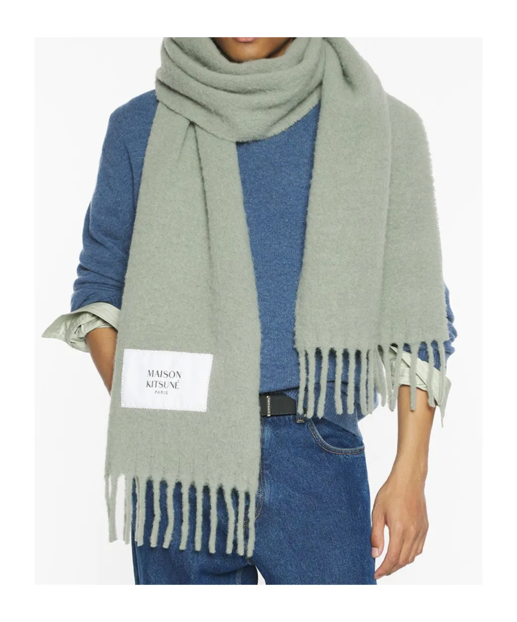 Maison Kitsuné Logo Patch Fringed Knit Scarf