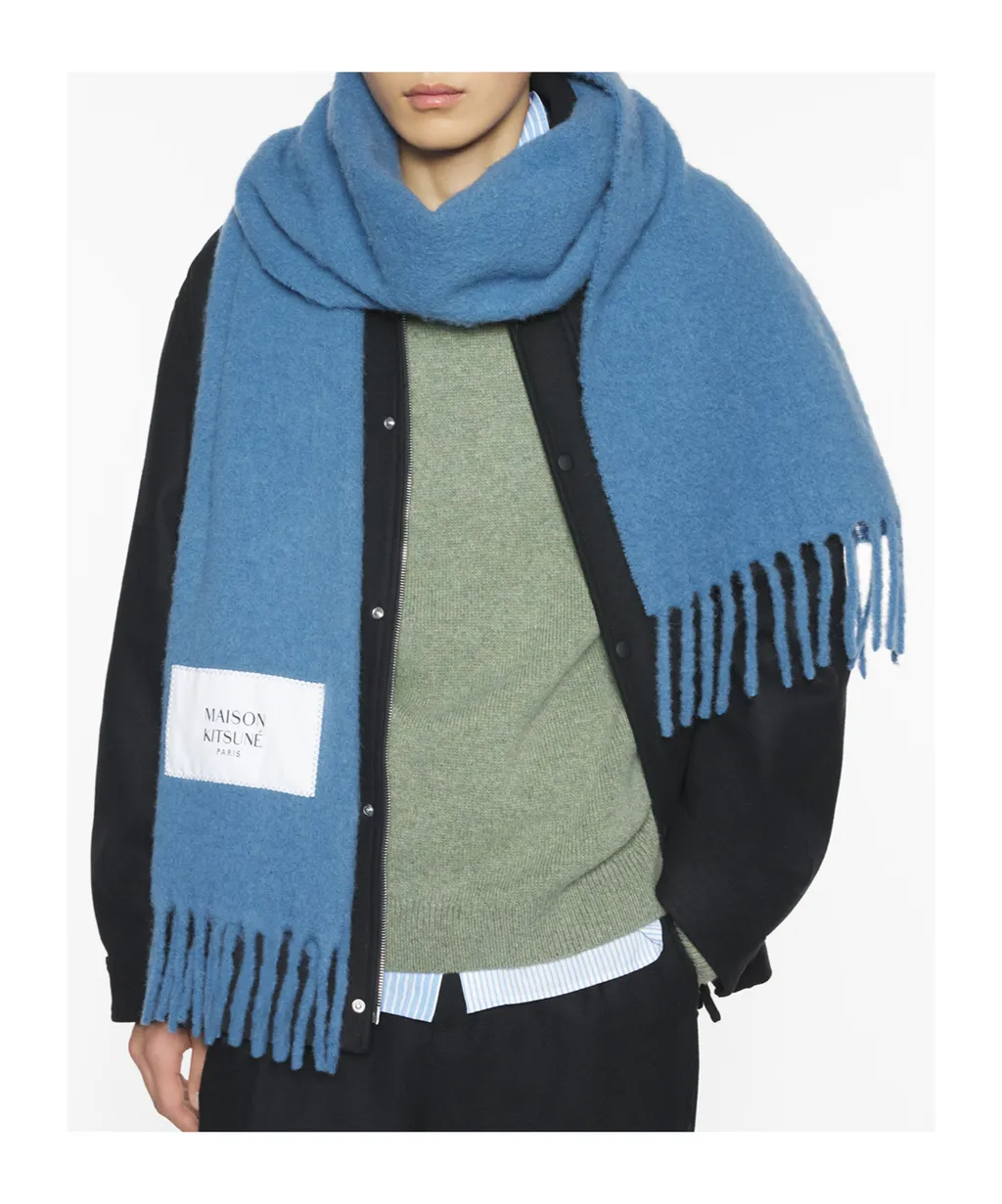 Maison Kitsuné Logo Patch Fringed Knit Scarf