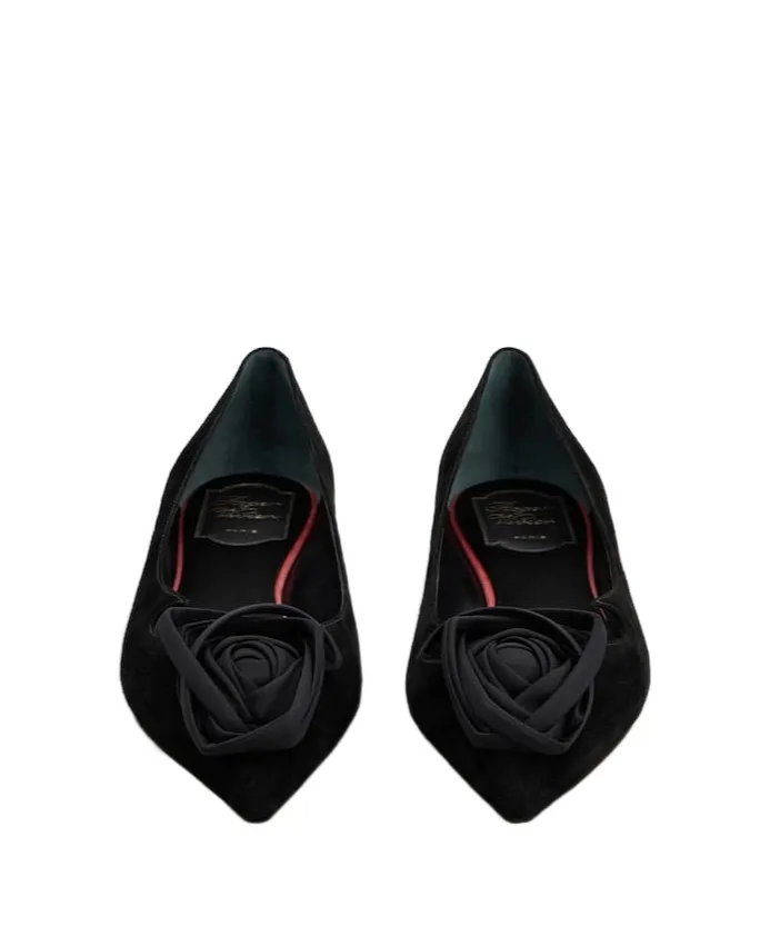 Rose-Embellished Pointed-Toe Ballet Flats