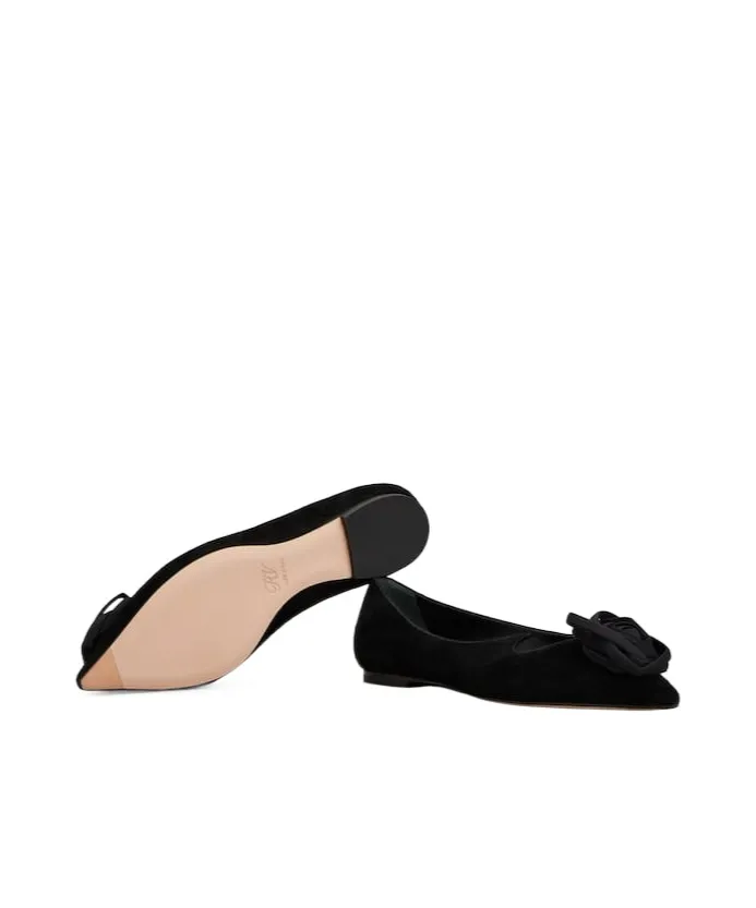 Rose-Embellished Pointed-Toe Ballet Flats