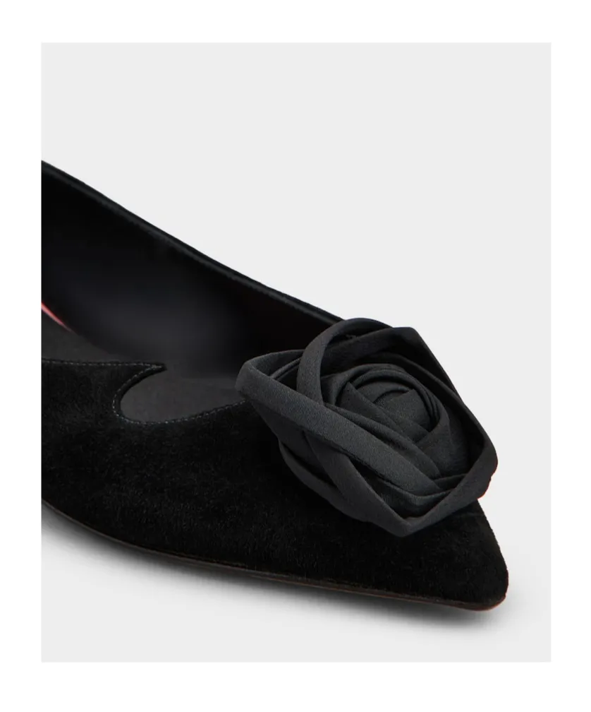 Rose-Embellished Pointed-Toe Ballet Flats