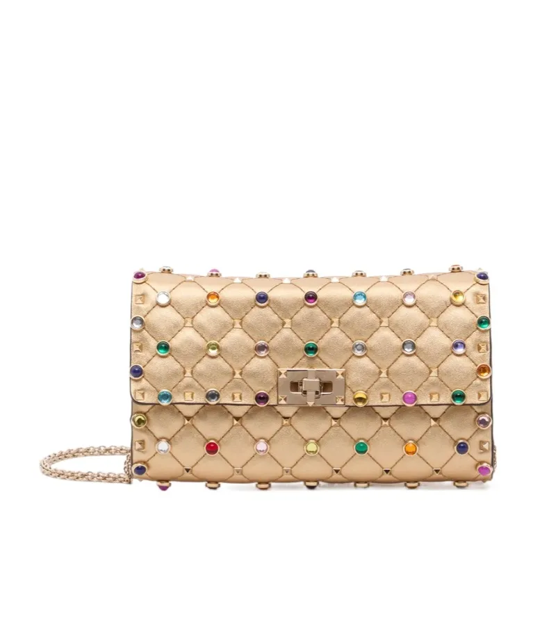 Valentino Garavani Rockstud Spike Shoulder Bag In Laminated Nappa Leather With Cabochon Stones