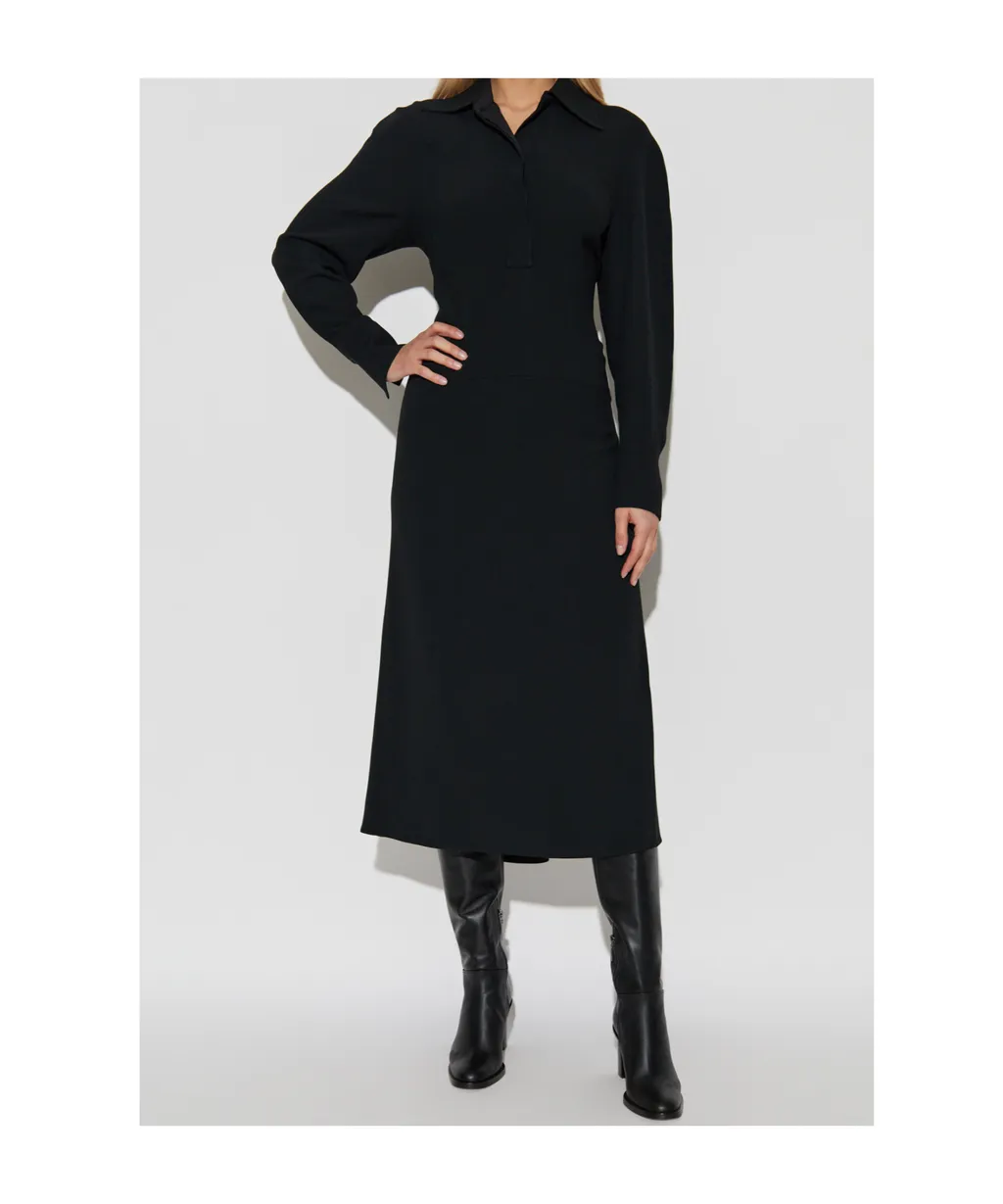 Spread-Collar Long-Sleeve Midi Dress