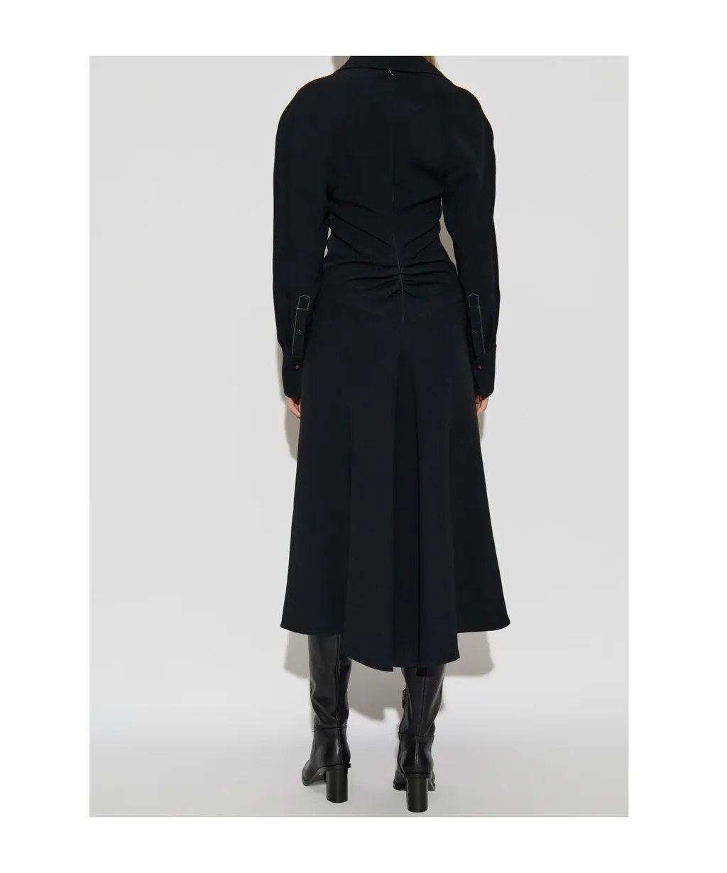 Spread-Collar Long-Sleeve Midi Dress