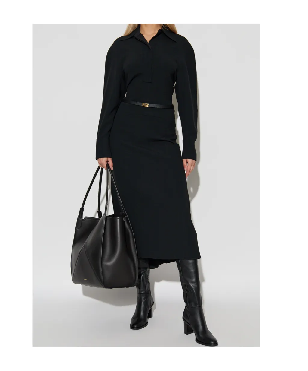Spread-Collar Long-Sleeve Midi Dress